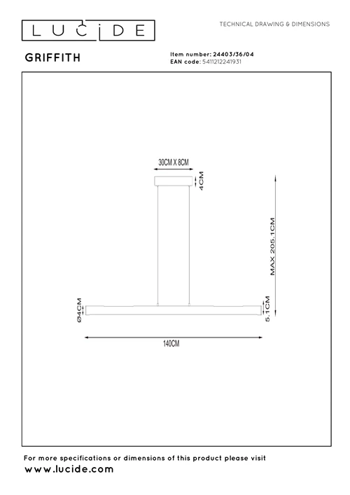 Lucide GRIFFITH - Suspension - LED Dim. - CCT - 1x33W 2700K/4000K - Bronze | Premium - technique